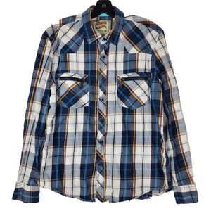 Vintage JNCO Shirt Womens Large Blue White Tartan Plaid Button Up Casual Y2K